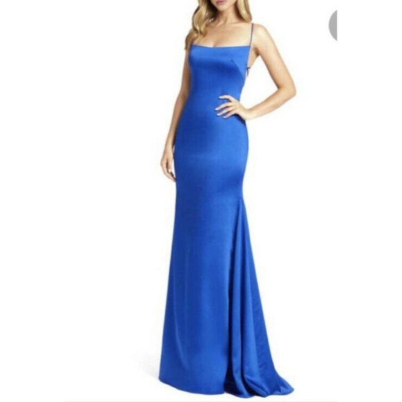 NEW Ieena For McDougal LACE UP BACK CHARMEUSE GOWN Women Size 8 Royal Color - Picture 2 of 4